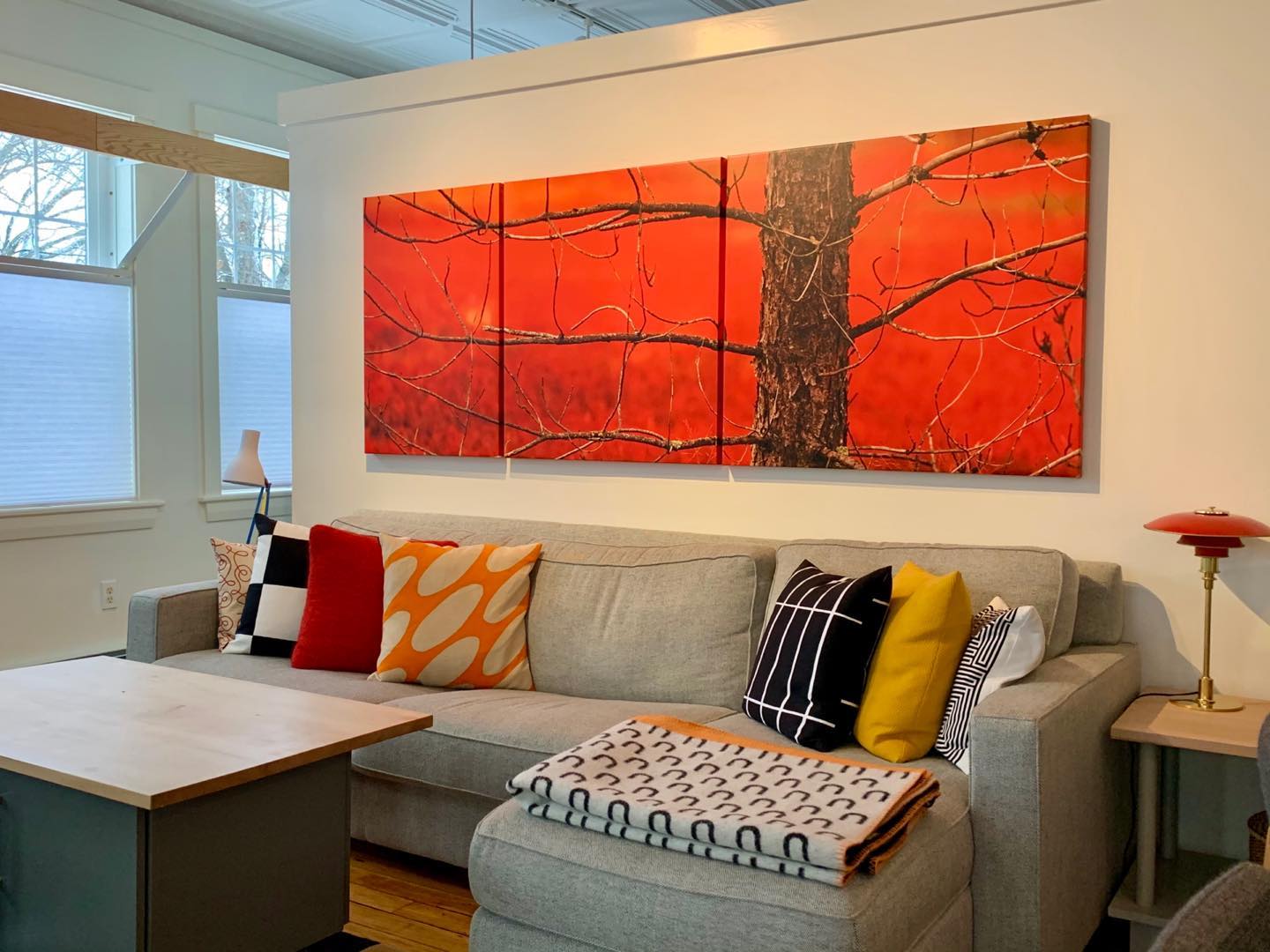 New triptych on Living Room wall adds festive color during winter days. #orcuttphotography #pineinueberryfield #mainephoto #mainerheway #naturephotography