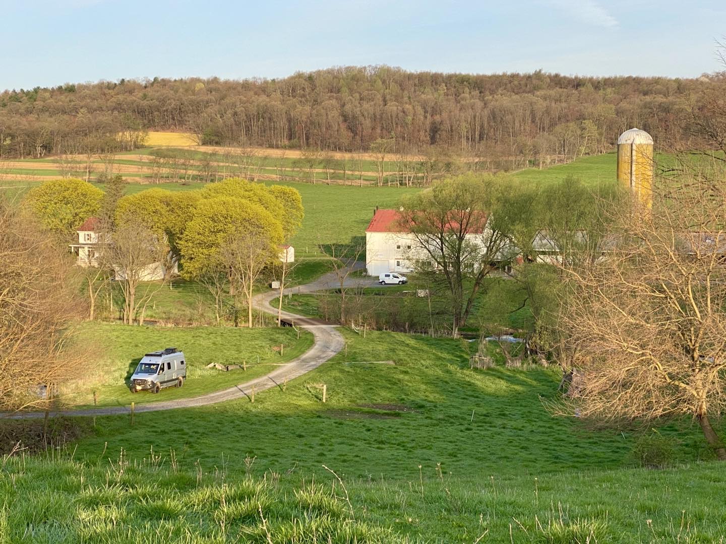 Harvest Host overnight parking spot at Clover Creek Cheese Cellar in Williamsburg, PA. Well tended farms in a beautiful valley with great spring weather. #clovercreekcheesecellar #williamsbergpa #harvesthosts #vanlife #revelsprintervan #vantraveling #orcuttphotography.com #vantookusthere #mercedes4x4sprintervan