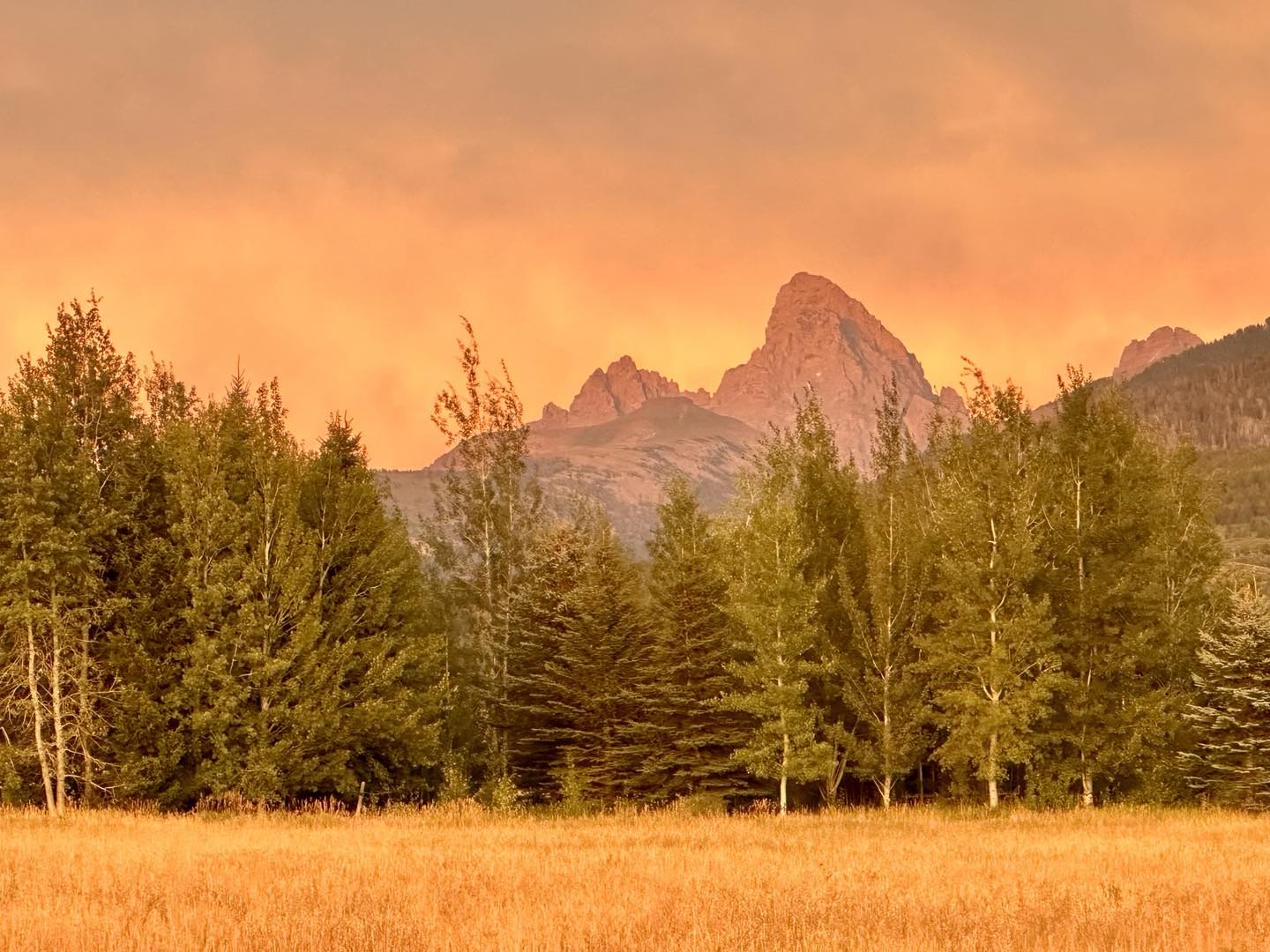 Late evening light was spectacular looking east from our home in Driggs, Idaho. The sky behind the Tetons reflecting the strong sunset made the scene look like a Hudson River School painting!